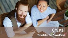  Presentation with team meeting - Beautiful slide deck featuring high angle portrait of modern creative business team looking up at camera and smiling while working in meeting backdrop and a tawny brown colored foreground