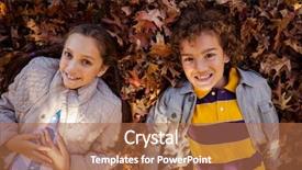  Presentation with siblings - PPT theme consisting of high angle portrait of smiling siblings lying on autumn leaves at park background and a red colored foreground