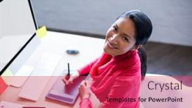  Presentation with graphics - Colorful PPT theme enhanced with high angle portrait of smiling businesswoman using graphics tablet in creative office backdrop and a red colored foreground