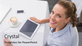  Presentation with using digital tablet - Presentation design consisting of high angle portrait young woman using digital tablet in the coffee shop background and a light gray colored foreground