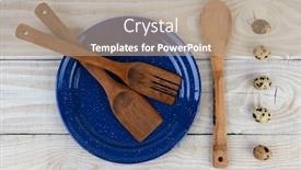  Presentation with blue line - PPT layouts having high angle shot of a blue speckled plated with wooden utensils and a line of quail eggs horizontal format on a rustic farmhouse style table background and a coral colored foreground