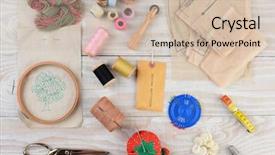  Presentation with embroidery - Amazing presentation design having high angle shot of an assortment of sewing and embroidery tools on a rustic wooden background backdrop and a soft green colored foreground