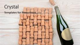  Presentation with rustic wood - Audience pleasing theme consisting of high angle shot of a empty champagne bottle with blank label and corks closeup on a rustic white wood table horizontal format with copy space backdrop and a lemonade colored foreground