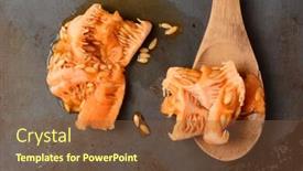  Presentation with seed - Cool new presentation theme with high angle shot of the scooped out seeds and flesh of a cantaloupe with a wooden spoon and the seed pulp overhead view in horizontal format backdrop and a tawny brown colored foreground