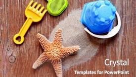  Presentation with rustic herbs on wood - Colorful PPT theme enhanced with high-angle shot of a rustic wooden surface with a starfish on a pile and some beach toys such as a shovel a rake and a pail backdrop and a red colored foreground