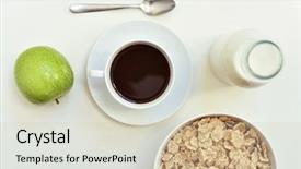  Presentation with green coffee - Slides with high-angle shot of a white table set for breakfast with a green apple a cup of coffee and a bowl with cereals background and a soft green colored foreground