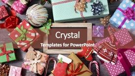  Presentation with rustic chalkboard - Presentation theme enhanced with high-angle shot of some christmas ornaments cookies a pile of gifts tied with ribbons of different colors and a chalkboard with a blank space on a rustic wooden surface background and a red colored foreground