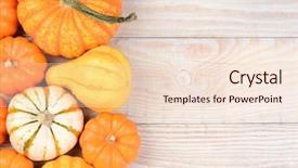  Presentation with autumn wood - Amazing presentation having high angle still life of autumn decorative pumpkins and gourds horizontal format on a white wood table with copy space backdrop and a lemonade colored foreground