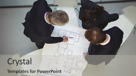  Presentation with blueprint - Presentation design having high angle view of businesspeople background and a light gray colored foreground