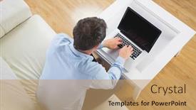  Presentation with social isolation - Presentation theme featuring high angle view of casual man typing on laptop in bright living room working from home in quarantine lockdown social distancing self isolation background and a coral colored foreground