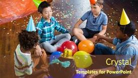  Presentation with children birthday - Beautiful presentation featuring high angle view of children sitting with holding hands during birthday backdrop and a tawny brown colored foreground