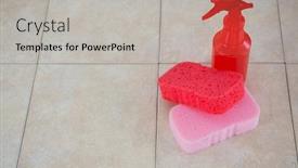  Presentation with spray - Audience pleasing slide deck consisting of high angle view of cleaning sponge with spray bottle on tiled floor backdrop and a light gray colored foreground