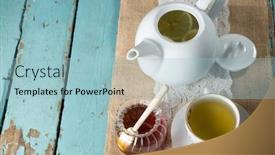  Presentation with high tea - PPT theme with high angle view of ginger tea in cup with honey on burlap background and a light blue colored foreground