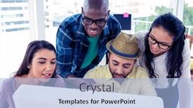  Presentation with business office desk - PPT theme enhanced with high angle view of happy business people discussing at desk in creative office background and a light blue colored foreground