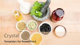  Presentation with medicines - Colorful presentation theme enhanced with high angle view of herbs and medicines on table at spa backdrop and a lemonade colored foreground