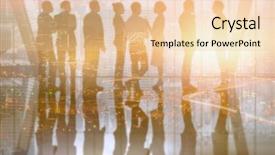  Presentation with low angle view of fictitious - Slide set with high angle view of illuminated cityscape against business team talking in room background and a lemonade colored foreground