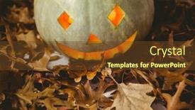  Presentation with lanterns - Theme consisting of high angle view of illuminated jack o lanterns with autumn leaves background and a tawny brown colored foreground