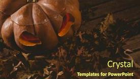  Presentation with lantern - Presentation theme with high angle view of jack o lantern with autumn leaves on table background and a wine colored foreground
