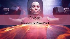  Presentation with weight - Theme featuring high angle view of male athlete exercising with dumbbells on weight bench in gym background and a coral colored foreground