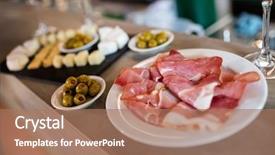  Presentation with meat food - Colorful slide deck enhanced with high angle view of meat and food on table in restaurant backdrop and a coral colored foreground