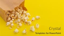  Presentation with brown paper bag - Cool new PPT layouts with high-angle-view-of-popcorn backdrop and a gold colored foreground