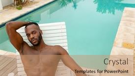  Presentation with summer sun - Presentation with high angle view of shirtless african-american man looking at camera while relaxing on a sun lounger near swimming pool at the backyard of home summer fun at home by the swimming pool background and a coral colored foreground