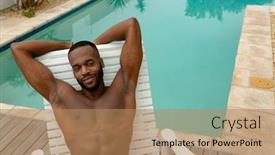  Presentation with summer sun - Slide set having high angle view of shirtless african-american man looking at camera while relaxing on a sun lounger near swimming pool at the backyard of home summer fun at home by the swimming pool background and a coral colored foreground