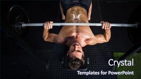  Presentation with barbell - Slide deck having high angle view of shirtless determined man exercising with barbell in gym background and a wine colored foreground