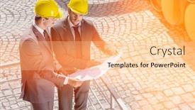  Presentation with architects - Colorful presentation theme enhanced with high angle view of young male architects examining blueprint by railings backdrop and a lemonade colored foreground