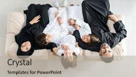 Presentation with muslim family - Theme having high angle view portrait of happy arabic muslim family at new modern home background and a light gray colored foreground
