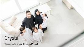  Presentation with muslim family - PPT theme with high angle view portrait of happy arabic muslim family at new modern home background and a light gray colored foreground