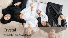  Presentation with muslim family - Colorful PPT theme enhanced with high angle view portrait of happy arabic muslim family at new modern home backdrop and a coral colored foreground