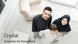  Presentation with muslim family - Amazing presentation design having high angle view portrait of happy arabic muslim family at new modern home backdrop and a light gray colored foreground