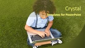  Presentation with high school - Colorful theme enhanced with high angle view of a mixed-race schoolgirl using a laptop while sitting on the school playground on a sunny day backdrop and a tawny brown colored foreground