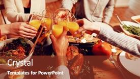  Presentation with multi ethnic group - Beautiful slide set featuring high angle view of the hands of a group of young adult multi-ethnic male and female friends sitting at a table at home set for thanksgiving dinner making a toast with glasses of orange juice backdrop and a tawny brown colored foreground