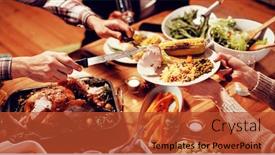 Presentation with thanksgiving dinner - Colorful slide deck enhanced with high angle view of the hands of a young mixed race man sitting at a table for thanksgiving dinner at home carving the turkey and serving meat to a female friend holding her plate over the table backdrop and a red colored foreground