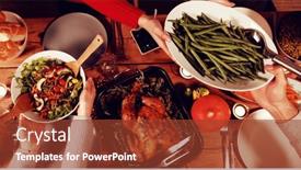  Presentation with thanksgiving dinner - Presentation theme with high angle view of a group of young adult multi-ethnic male and female friends sitting around a table holding dishes and serving thanksgiving dinner at home together background and a tawny brown colored foreground