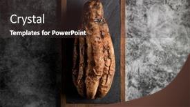  Presentation with sweet potato - Presentation enhanced with high angle view of a roasted sweet potato on a wooden and black slate tray placed on a gray marbled stone surface background and a tawny brown colored foreground