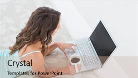  Presentation with coffee cup - Beautiful presentation design featuring high angle view of a relaxed young woman using laptop with coffee cup in bed at home backdrop and a coral colored foreground