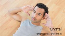  Presentation with abdominal - Audience pleasing PPT theme consisting of high angle view of a young man doing abdominal crunches on parquet floor at home backdrop and a coral colored foreground
