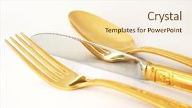  Presentation with gold award plaque or plate - Beautiful presentation design featuring high class - gold plated spoon fork backdrop and a cream colored foreground