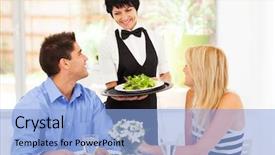  Presentation with customers - Slides enhanced with high class - happy waitress serving customers background and a light blue colored foreground