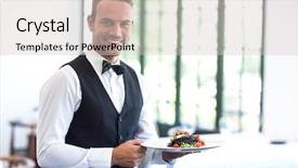  Presentation with restaurant waiter - Beautiful PPT theme featuring high class restaurant - waiter showing a dish backdrop and a lemonade colored foreground