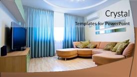  Presentation with room - PPT layouts enhanced with high end - modern room interior with tv background and a light blue colored foreground