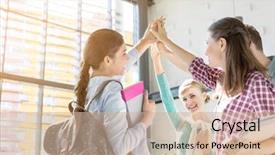  Presentation with university - Slides featuring high end love - smiling friends stacking hands background and a soft green colored foreground