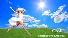  Presentation with joy - Amazing presentation design having high energy - woman jumping for joy backdrop and a tawny brown colored foreground