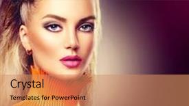  Presentation with glamour - Slide set with high fashion model girl with mohawk hairstyle and vivid make up beauty woman with glamour updo hair style background and a coral colored foreground