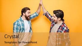  Presentation with full length portrait two men women brown sweater - Presentation theme enhanced with high five isolated over yellow background and a gold colored foreground
