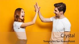  Presentation with friendly - Presentation consisting of high five isolated over yellow background and a gold colored foreground