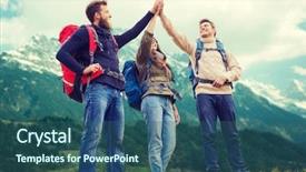  Presentation with travel friends - PPT theme enhanced with high five over alpine mountain background and a ocean colored foreground